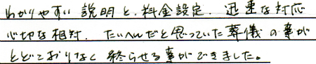 わかりやすい説明と料金設定、迅速な対応、親切な対応、大変だと思っていた葬儀の事が滞りなく終わらせる事ができました。